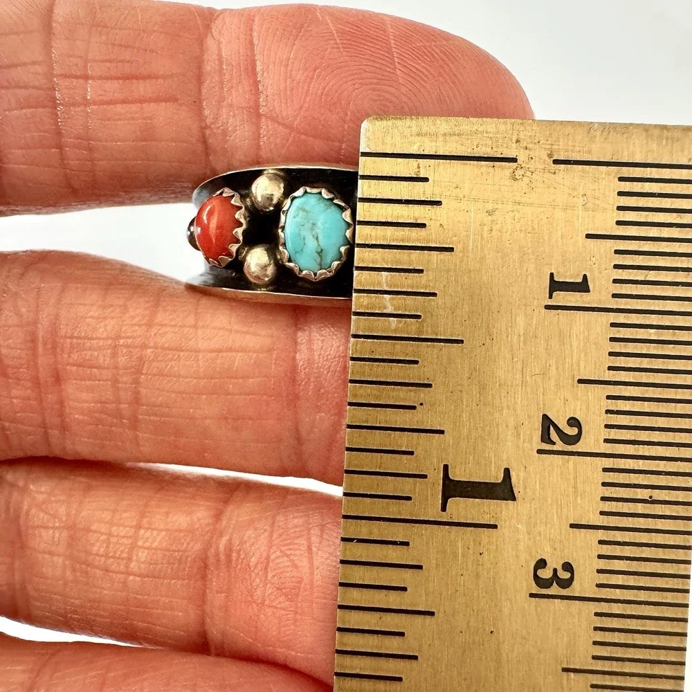 Turquoise Coral Band Ring Sz 11 Navajo 5g 11mm Native Amer Dark Sterling Mens